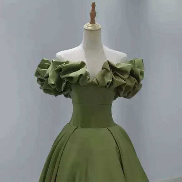 Statement Olive Green Off-Shoulder Ruffled Neckline Maxi - Picture 4 of 6